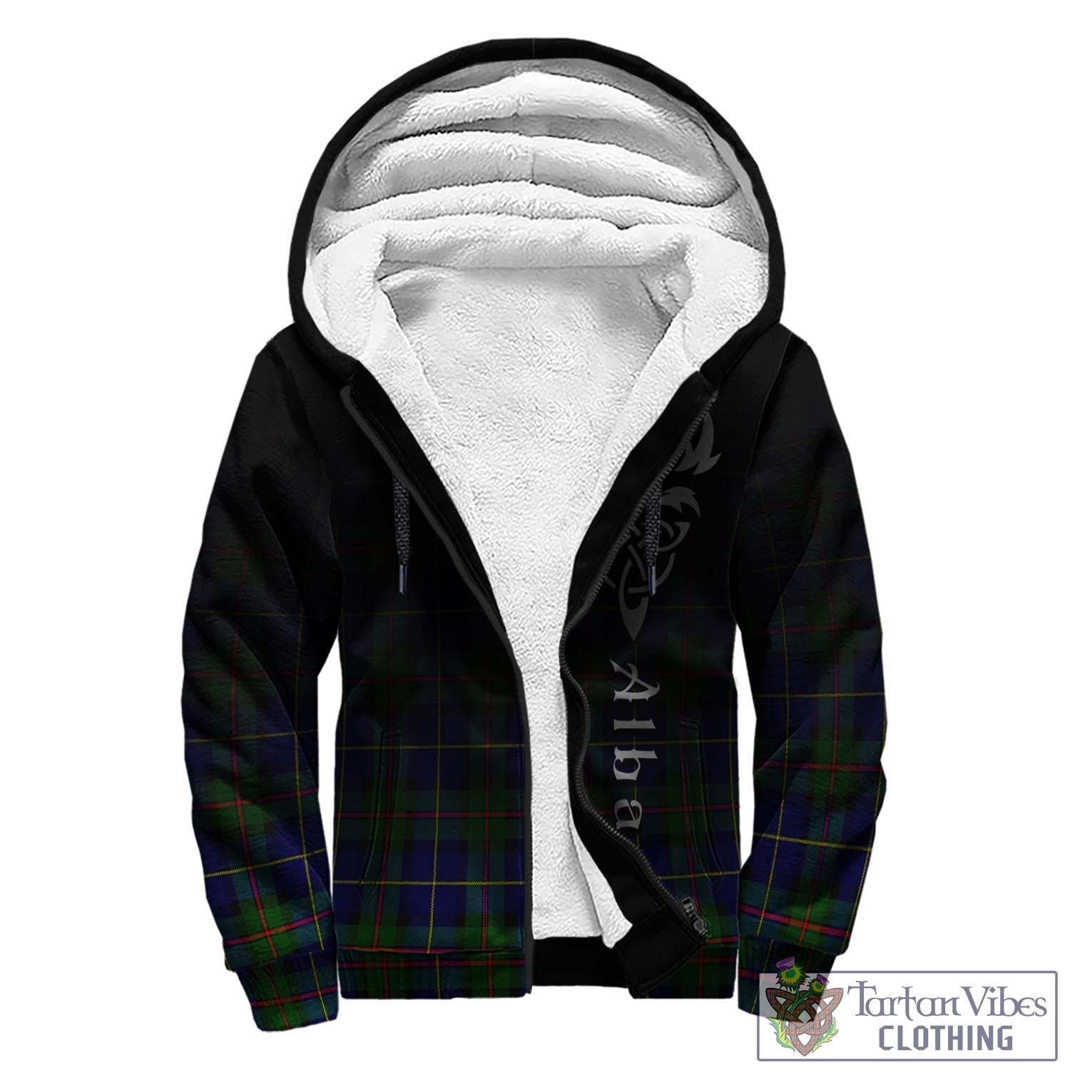 Tartan Vibes Clothing MacLeod of Harris Modern Tartan Sherpa Hoodie Featuring Alba Gu Brath Family Crest Celtic Inspired