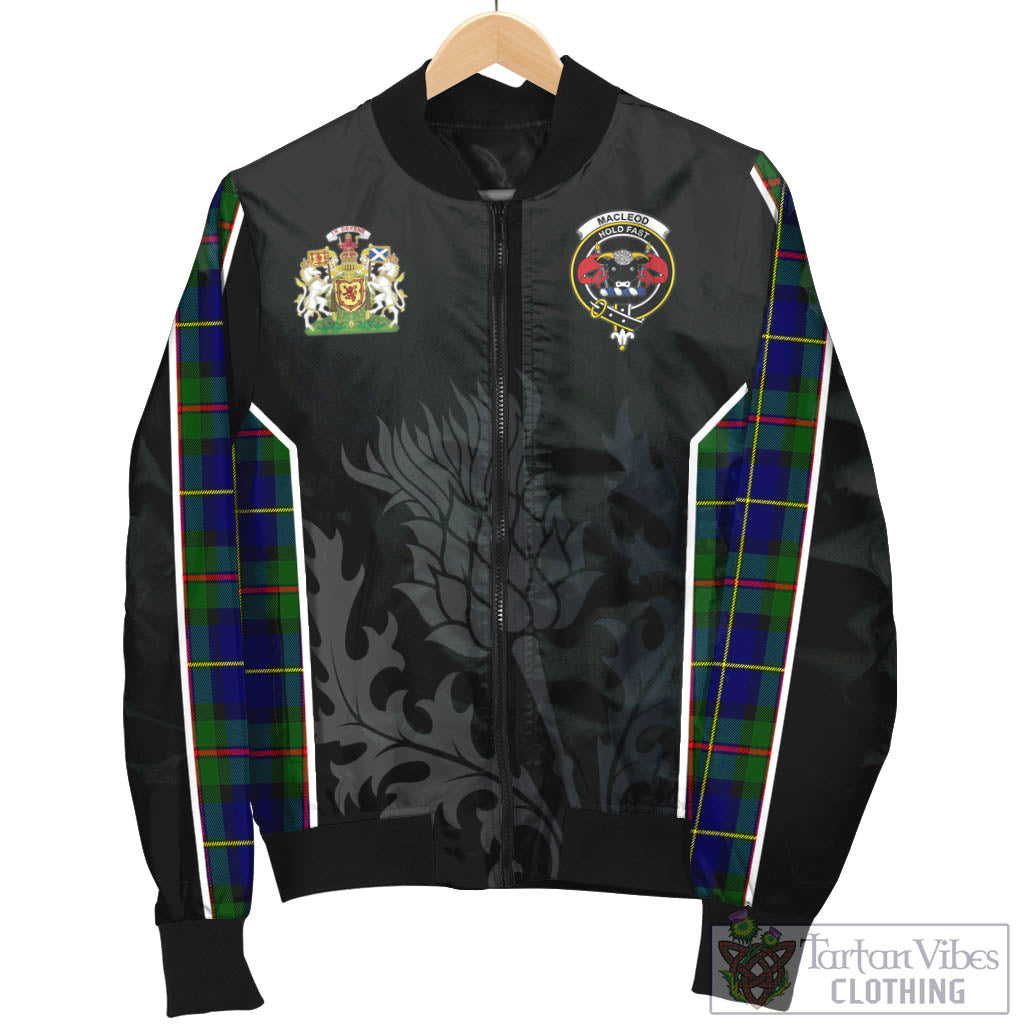 Tartan Vibes Clothing MacLeod of Harris Modern Tartan Bomber Jacket with Family Crest and Scottish Thistle Vibes Sport Style