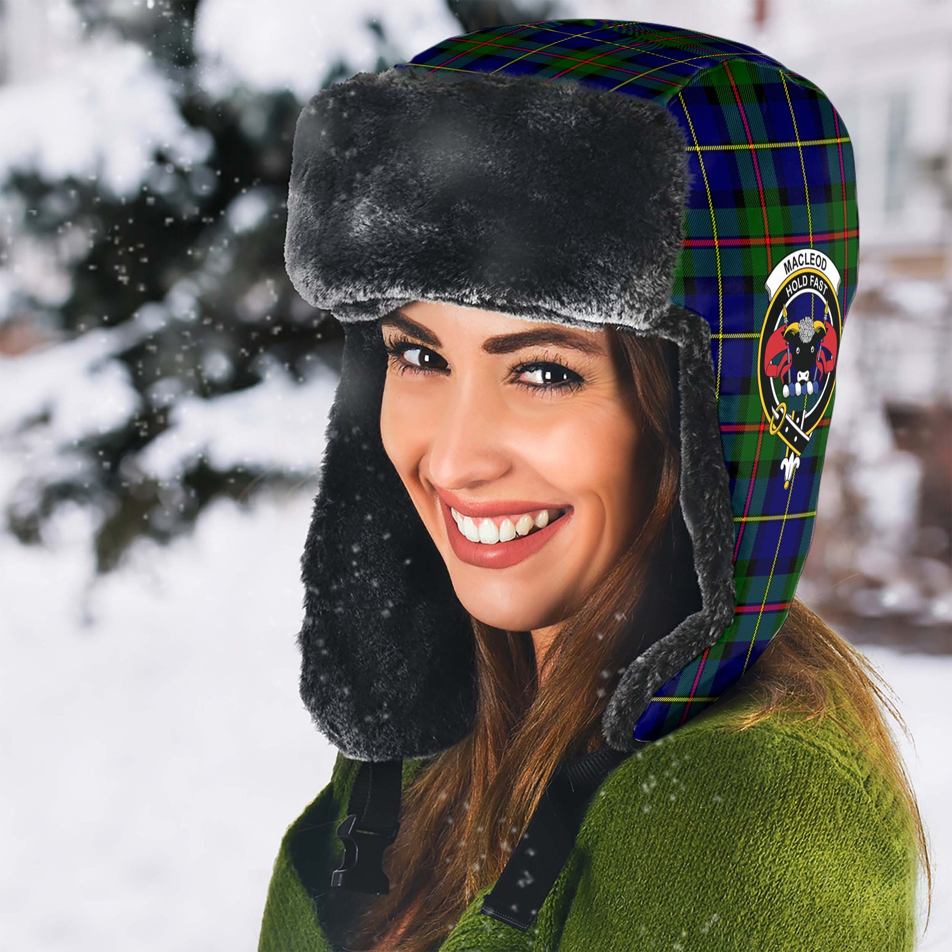 MacLeod of Harris Modern Tartan Winter Trapper Hat with Family Crest - Tartanvibesclothing