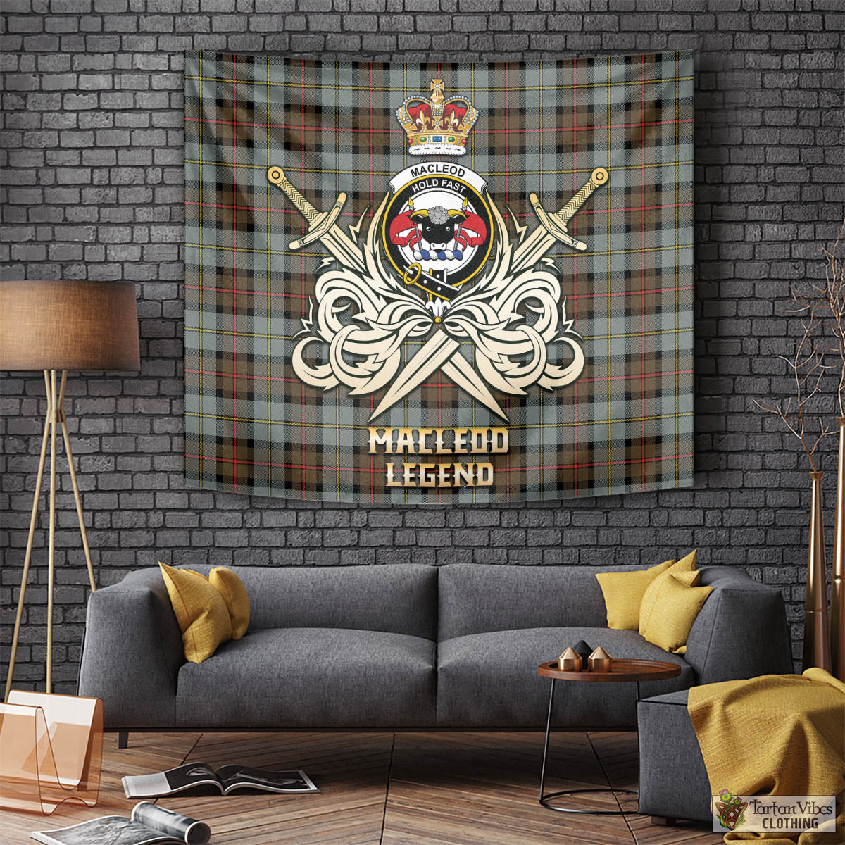 Tartan Vibes Clothing MacLeod of Harris Weathered Tartan Tapestry with Clan Crest and the Golden Sword of Courageous Legacy