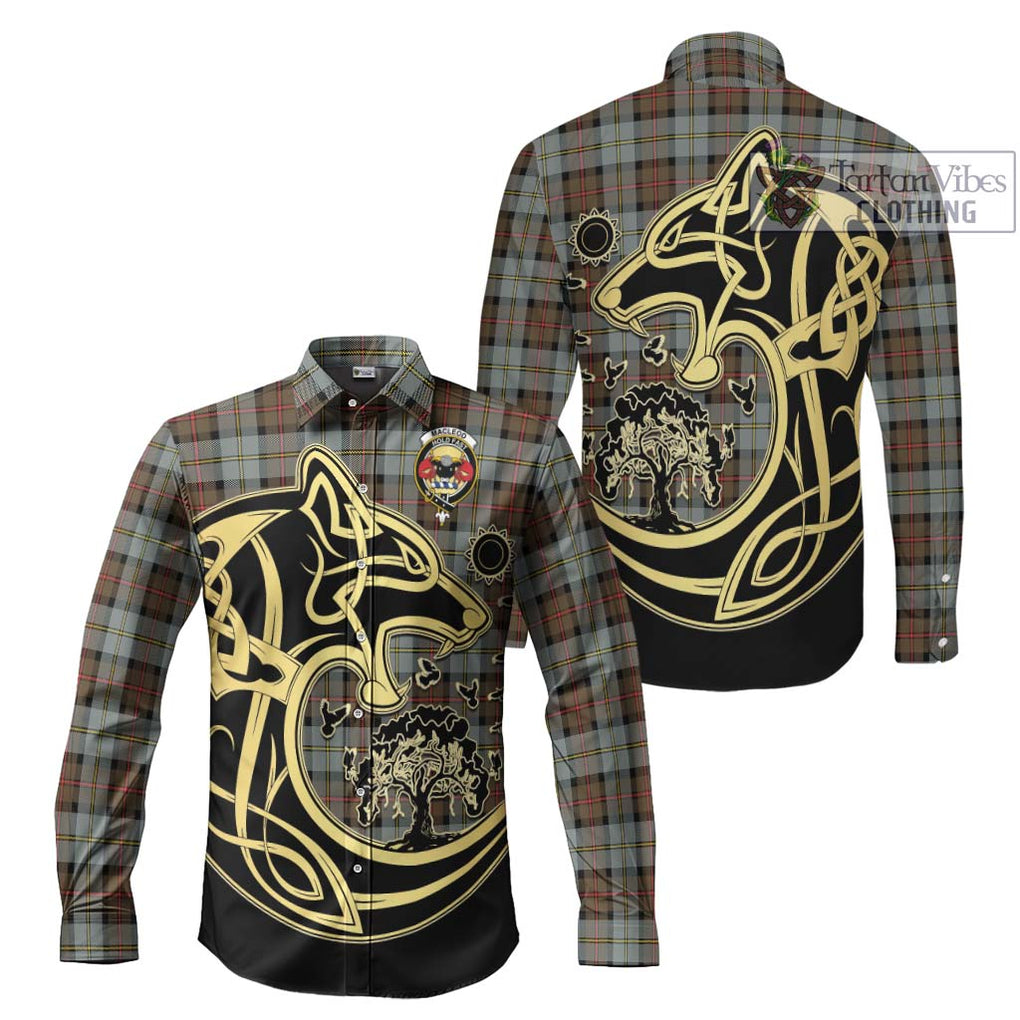 MacLeod of Harris Weathered Tartan Long Sleeve Button Shirt with Family Crest Celtic Wolf Style Men's Shirt S - Tartan Vibes Clothing