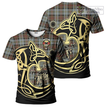 MacLeod of Harris Weathered Tartan T-Shirt with Family Crest Celtic Wolf Style