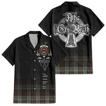 MacLeod of Harris Weathered Tartan Short Sleeve Button Up Shirt Featuring Alba Gu Brath Family Crest Celtic Inspired