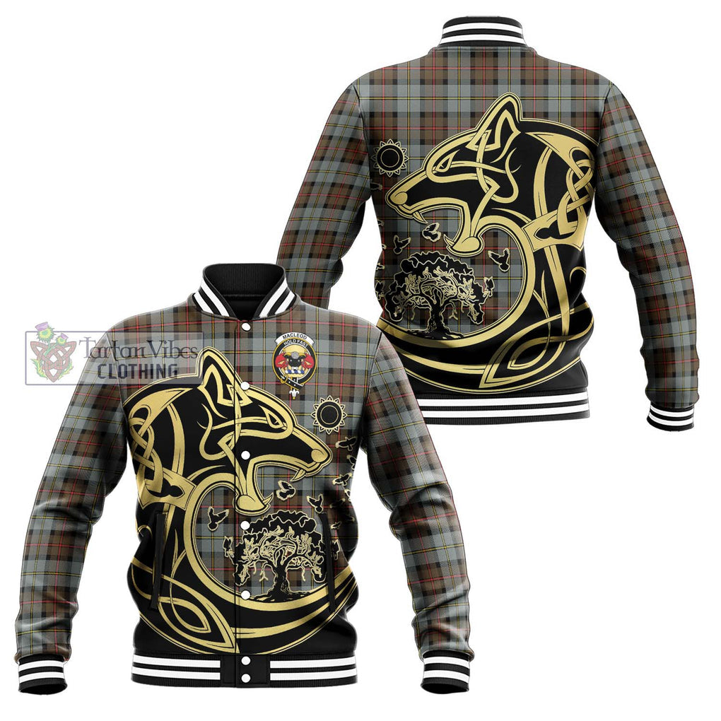 MacLeod of Harris Weathered Tartan Baseball Jacket with Family Crest Celtic Wolf Style Unisex - Tartan Vibes Clothing