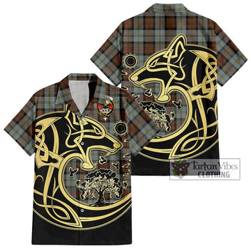 MacLeod of Harris Weathered Tartan Short Sleeve Button Shirt with Family Crest Celtic Wolf Style