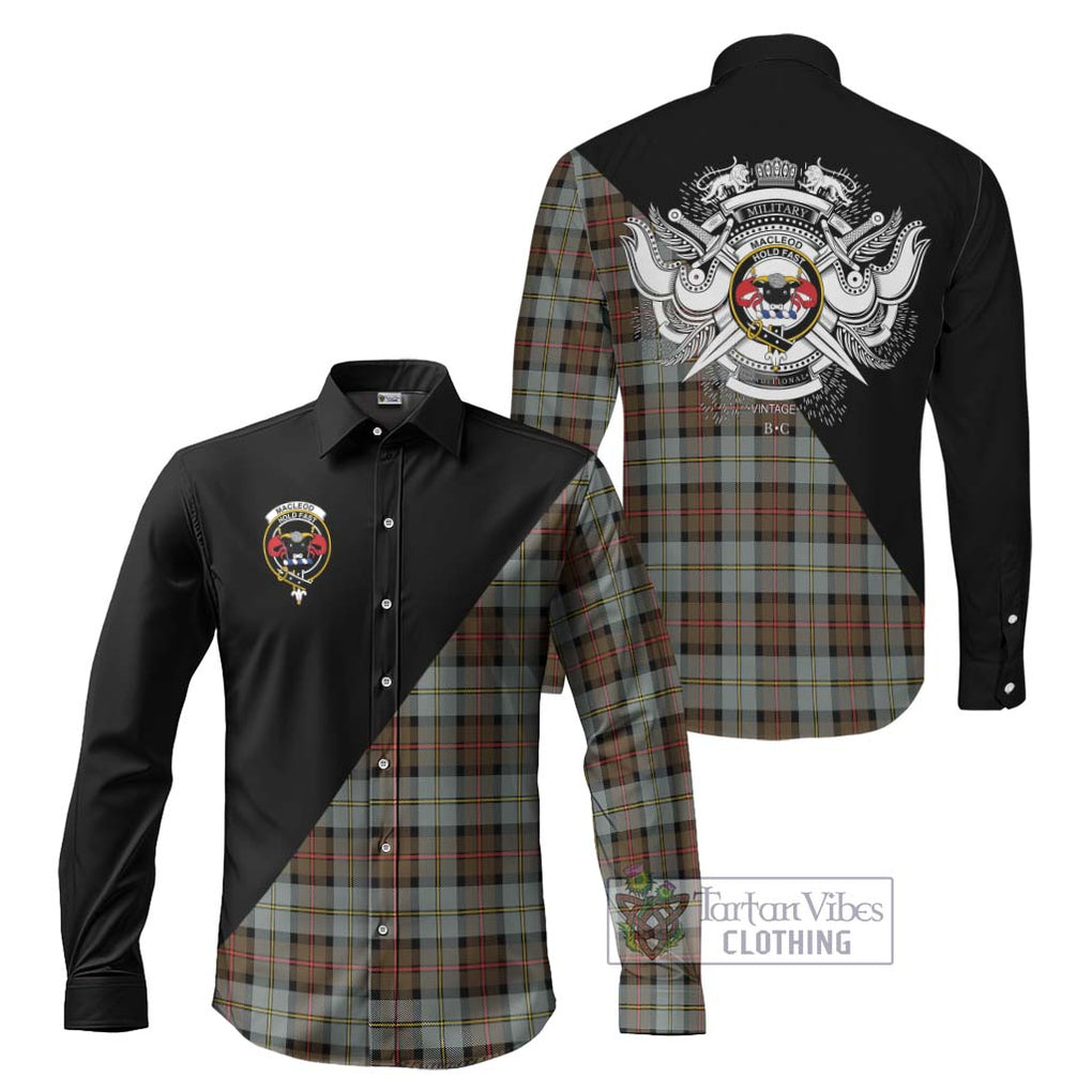 MacLeod of Harris Weathered Tartan Long Sleeve Button Shirt with Family Crest and Military Logo Style Men's Shirt S - Tartanvibesclothing Shop