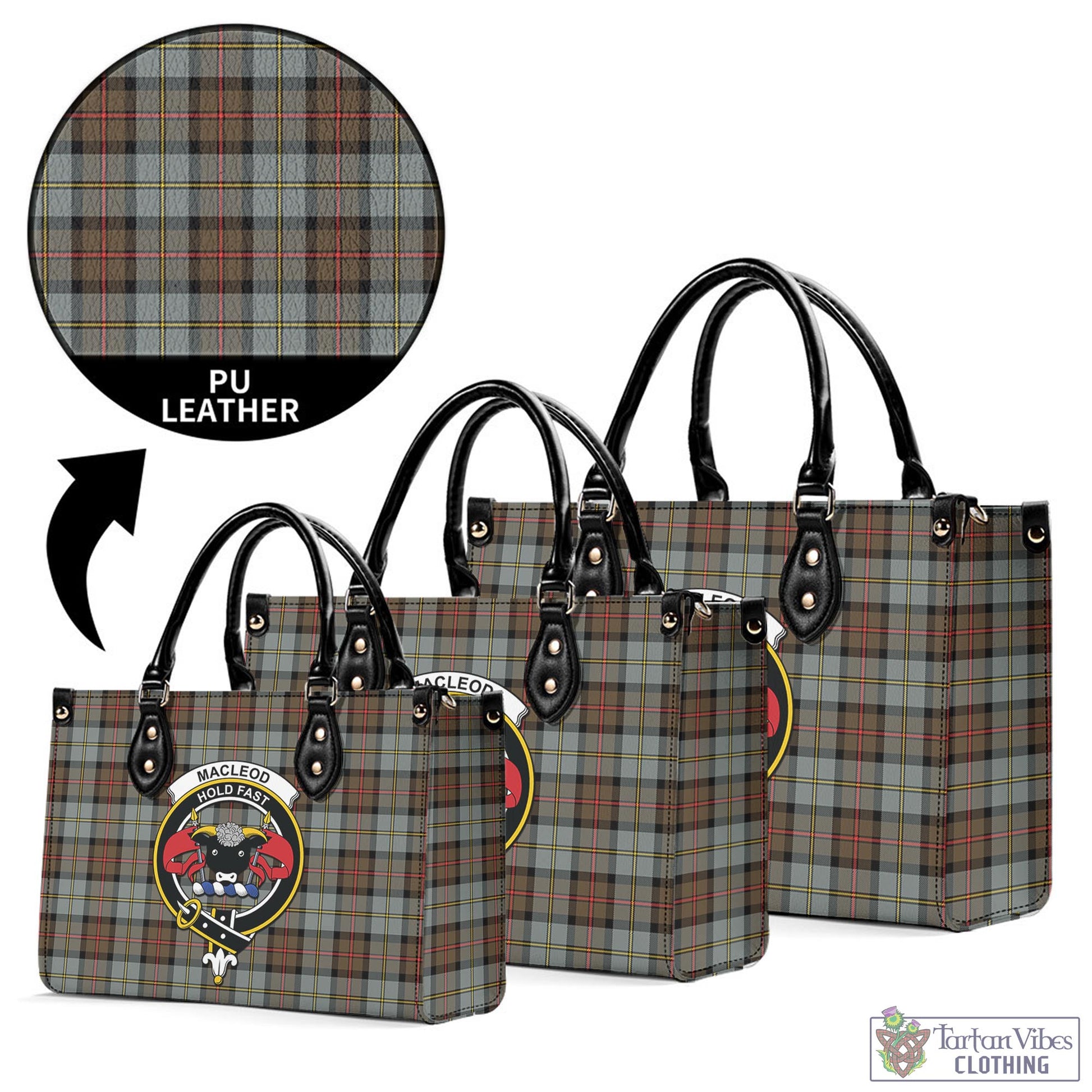 Tartan Vibes Clothing MacLeod of Harris Weathered Tartan Luxury Leather Handbags with Family Crest