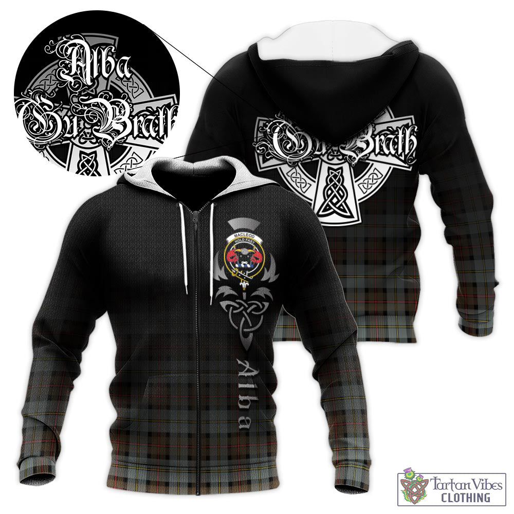 Tartan Vibes Clothing MacLeod of Harris Weathered Tartan Knitted Hoodie Featuring Alba Gu Brath Family Crest Celtic Inspired