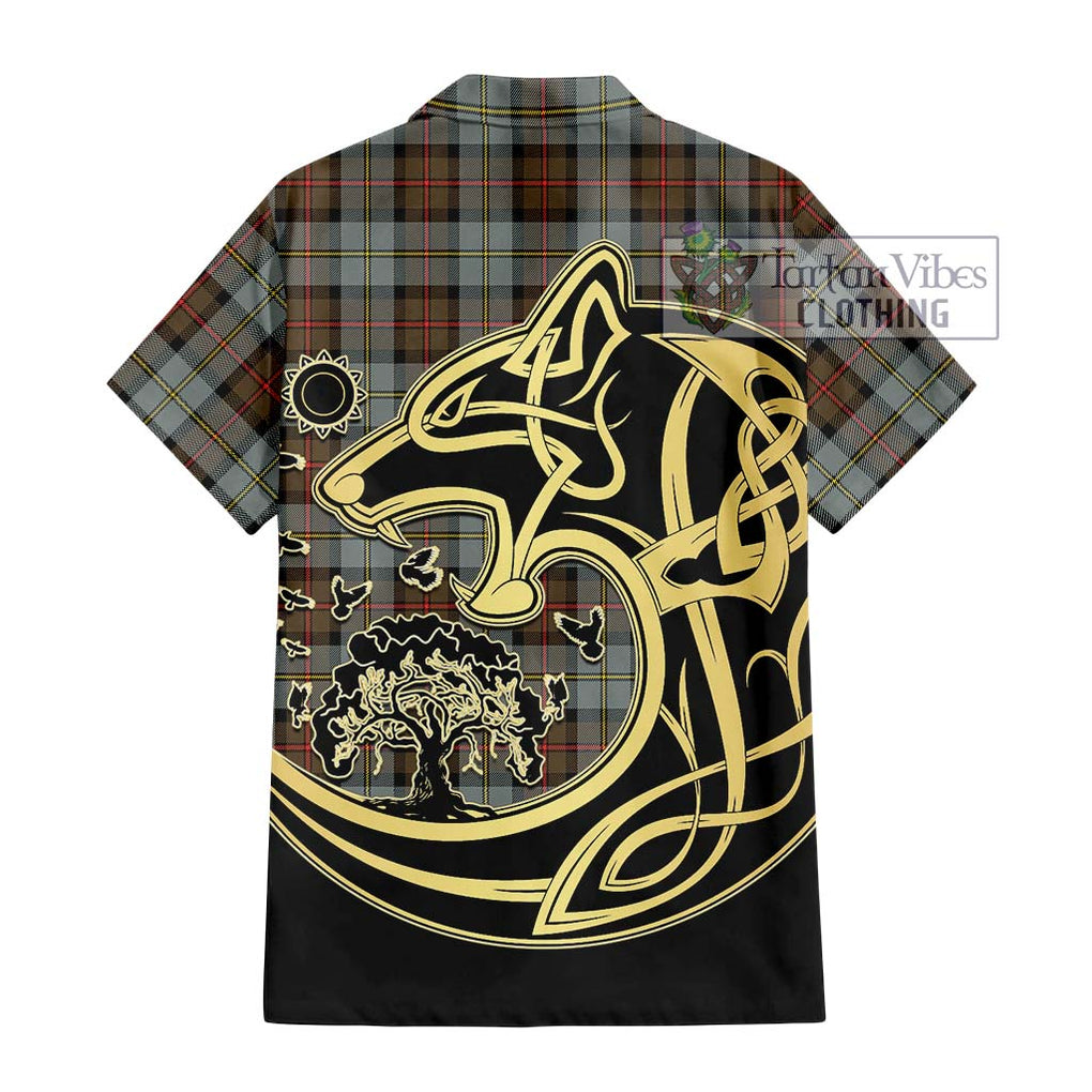 MacLeod of Harris Weathered Tartan Short Sleeve Button Shirt with Family Crest Celtic Wolf Style - Tartan Vibes Clothing