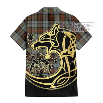 MacLeod of Harris Weathered Tartan Short Sleeve Button Shirt with Family Crest Celtic Wolf Style