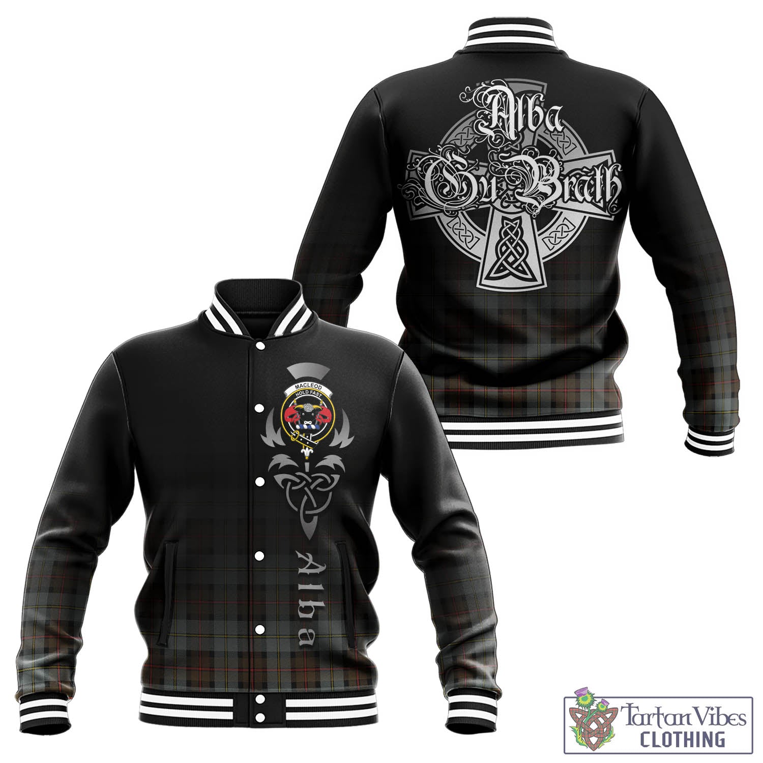 Tartan Vibes Clothing MacLeod of Harris Weathered Tartan Baseball Jacket Featuring Alba Gu Brath Family Crest Celtic Inspired