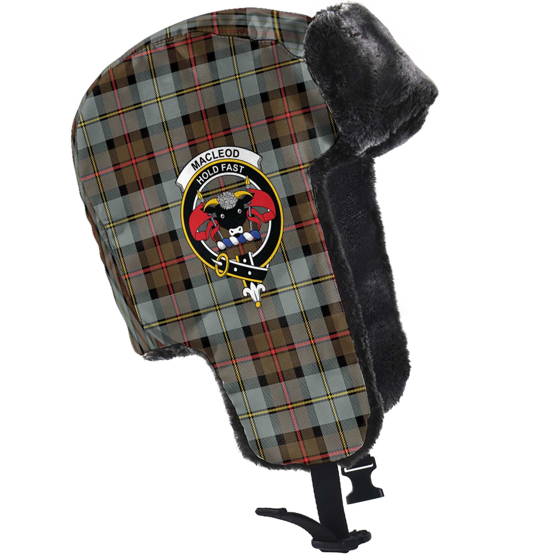 MacLeod of Harris Weathered Tartan Winter Trapper Hat with Family Crest - Tartanvibesclothing