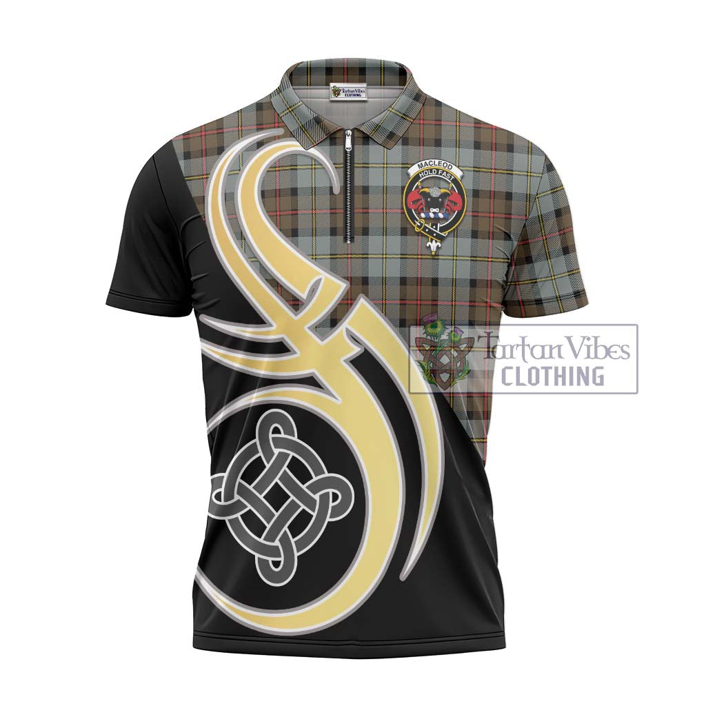 Tartan Vibes Clothing MacLeod of Harris Weathered Tartan Zipper Polo Shirt with Family Crest and Celtic Symbol Style