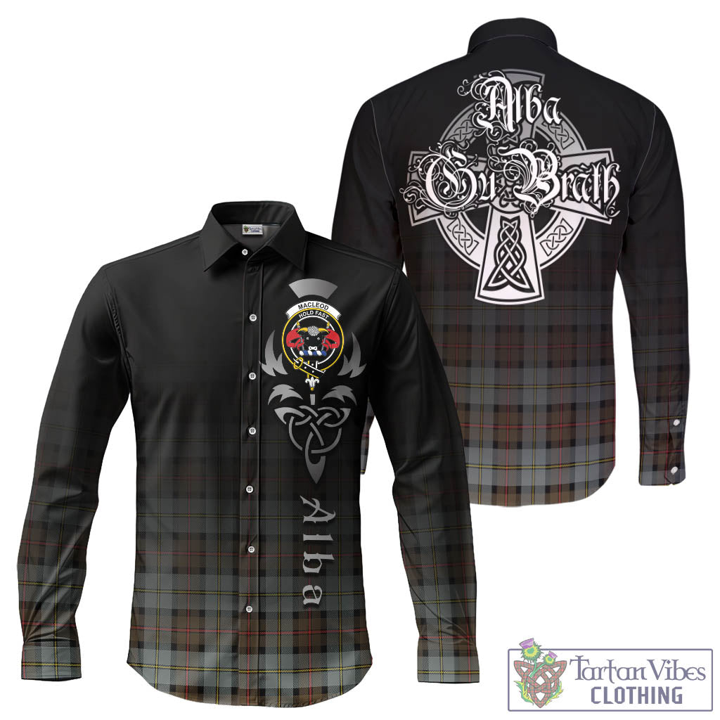 Tartan Vibes Clothing MacLeod of Harris Weathered Tartan Long Sleeve Button Up Featuring Alba Gu Brath Family Crest Celtic Inspired