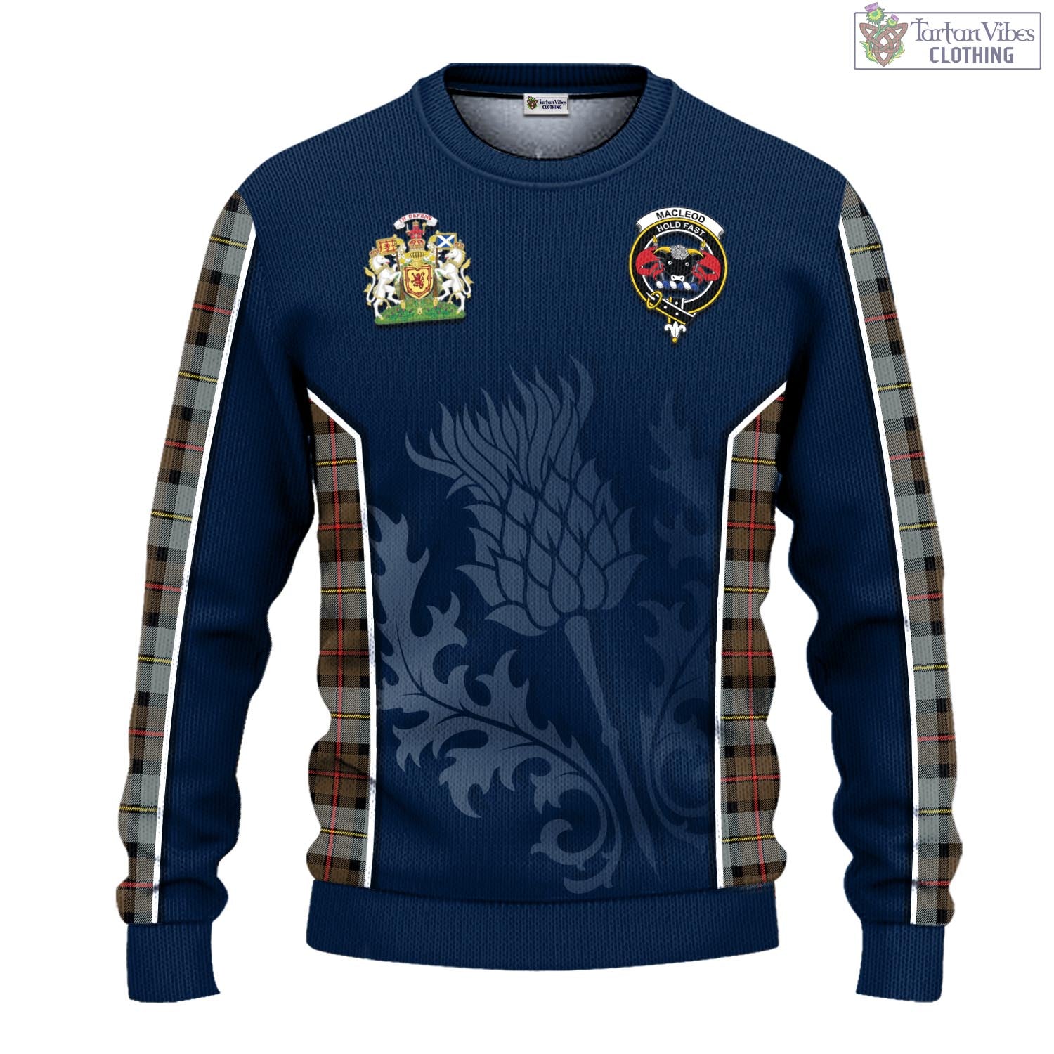 Tartan Vibes Clothing MacLeod of Harris Weathered Tartan Knitted Sweatshirt with Family Crest and Scottish Thistle Vibes Sport Style