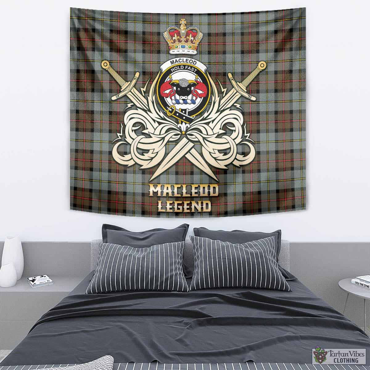 Tartan Vibes Clothing MacLeod of Harris Weathered Tartan Tapestry with Clan Crest and the Golden Sword of Courageous Legacy