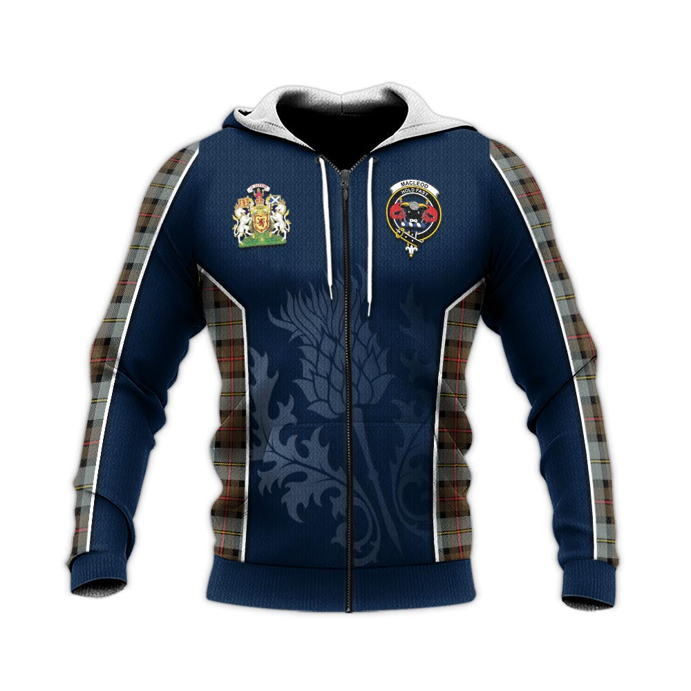 Tartan Vibes Clothing MacLeod of Harris Weathered Tartan Knitted Hoodie with Family Crest and Scottish Thistle Vibes Sport Style