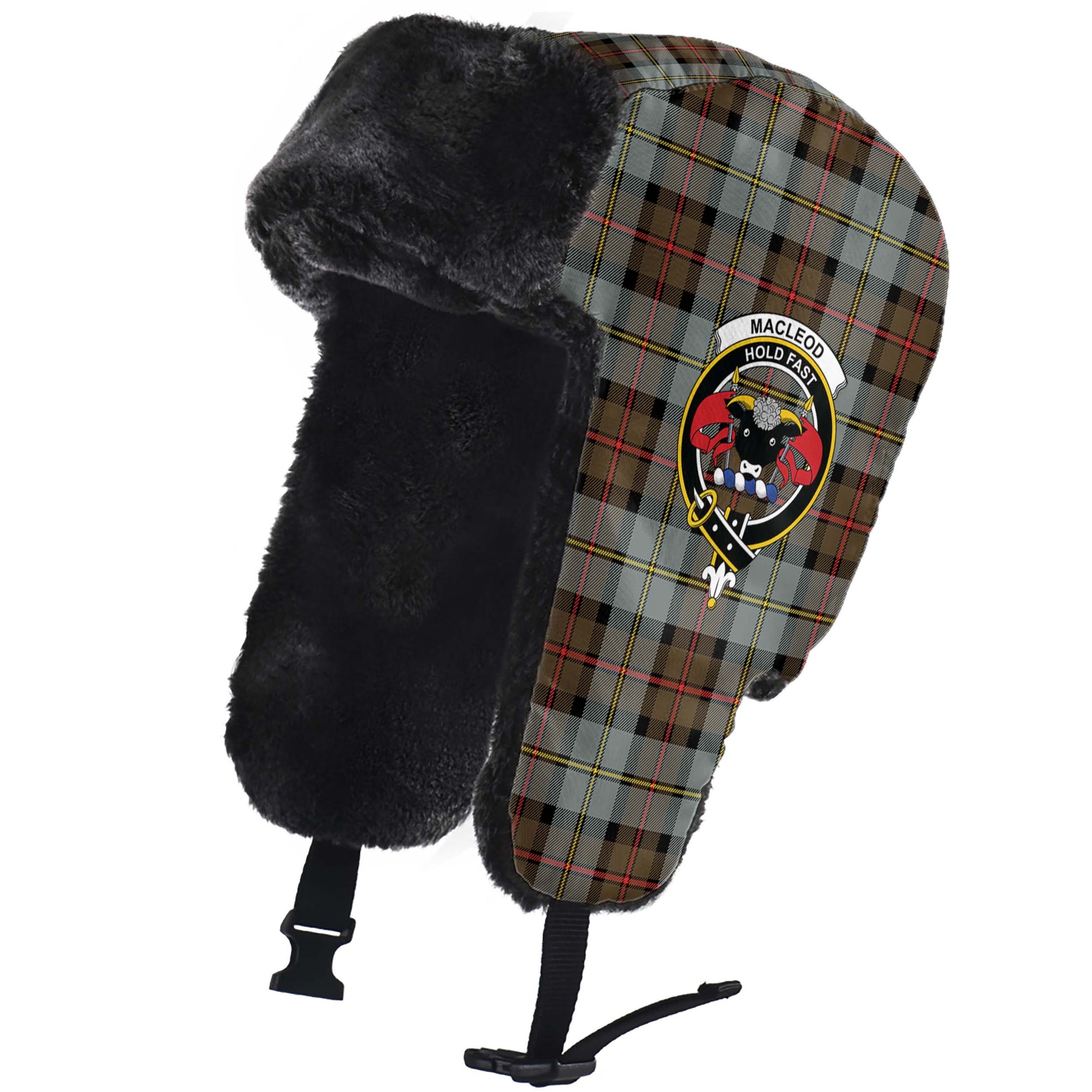 MacLeod of Harris Weathered Tartan Winter Trapper Hat with Family Crest - Tartanvibesclothing