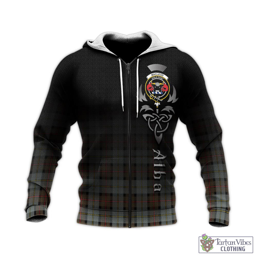 Tartan Vibes Clothing MacLeod of Harris Weathered Tartan Knitted Hoodie Featuring Alba Gu Brath Family Crest Celtic Inspired