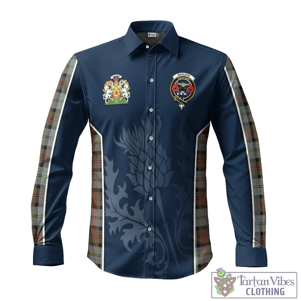 Tartan Vibes Clothing MacLeod of Harris Weathered Tartan Long Sleeve Button Up Shirt with Family Crest and Scottish Thistle Vibes Sport Style