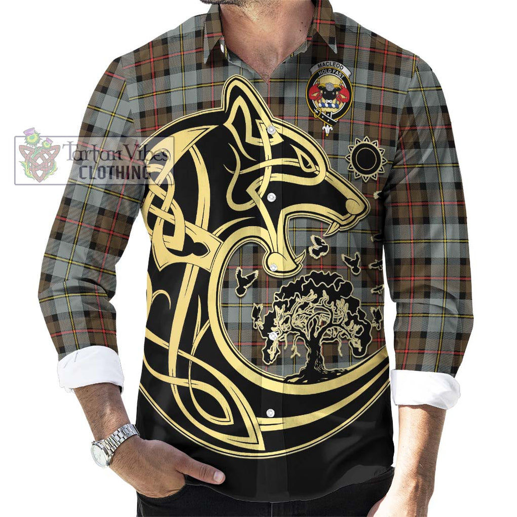 MacLeod of Harris Weathered Tartan Long Sleeve Button Shirt with Family Crest Celtic Wolf Style - Tartan Vibes Clothing