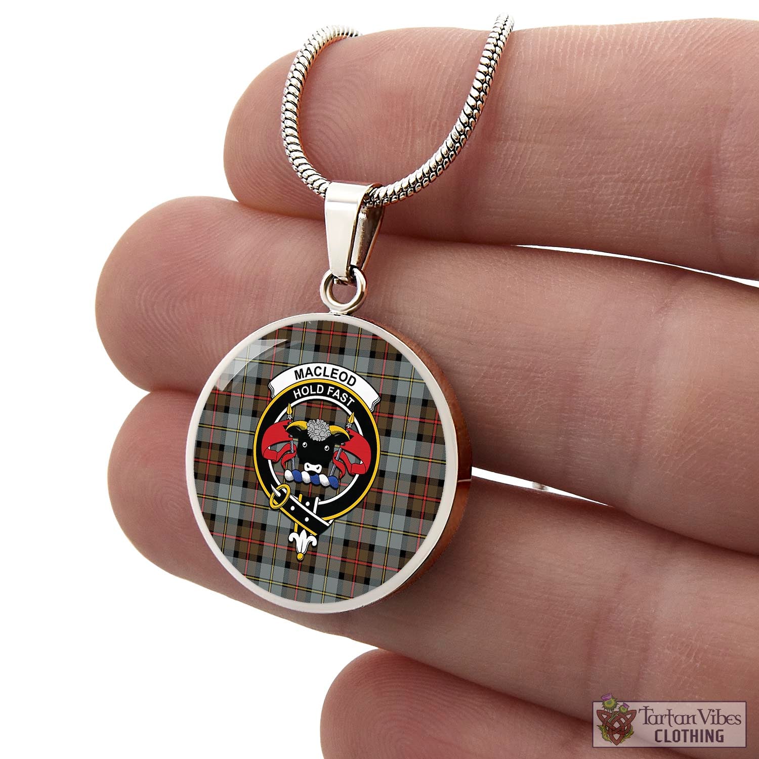 Tartan Vibes Clothing MacLeod of Harris Weathered Tartan Circle Necklace with Family Crest