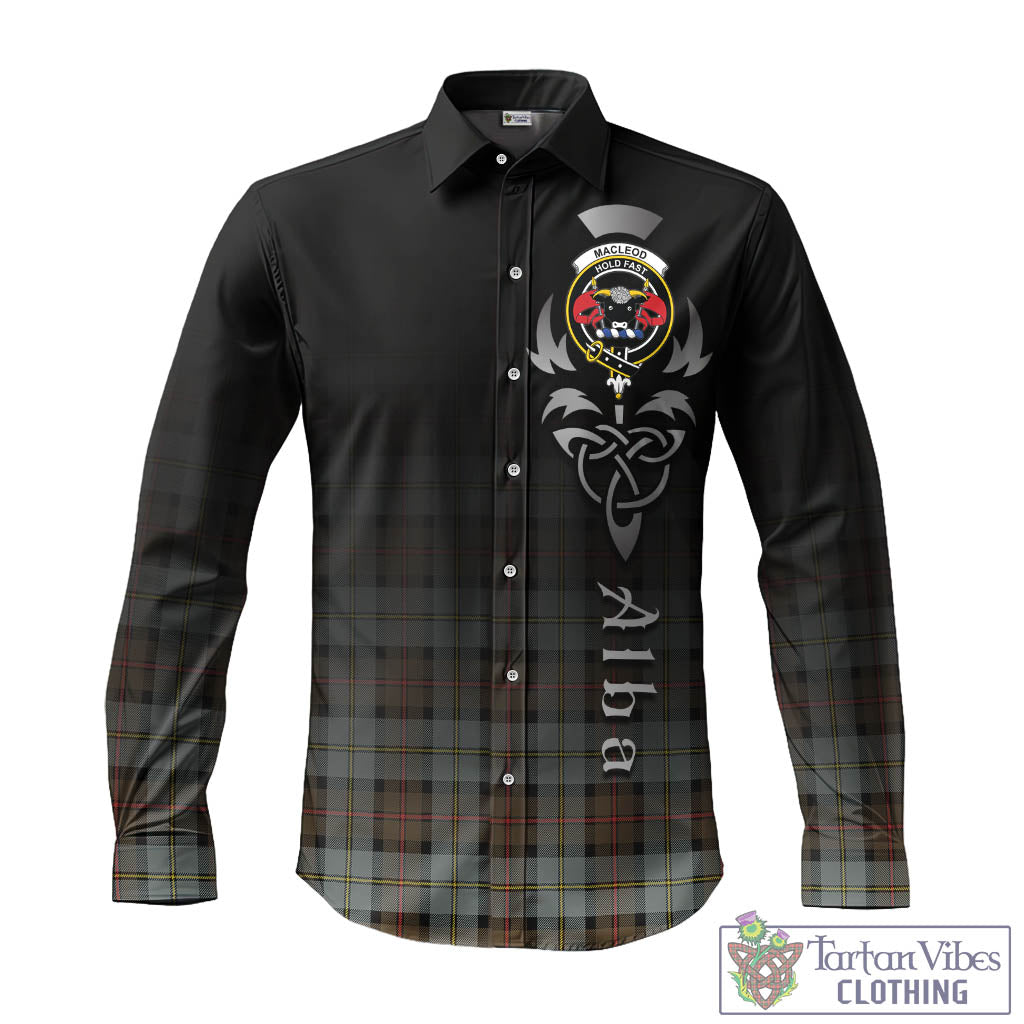 Tartan Vibes Clothing MacLeod of Harris Weathered Tartan Long Sleeve Button Up Featuring Alba Gu Brath Family Crest Celtic Inspired