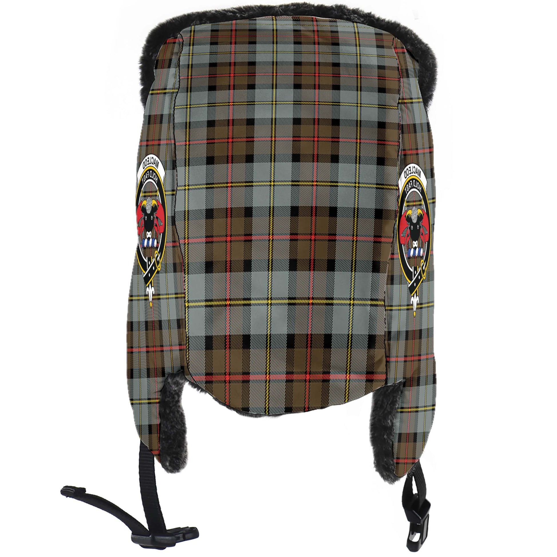 MacLeod of Harris Weathered Tartan Winter Trapper Hat with Family Crest - Tartanvibesclothing