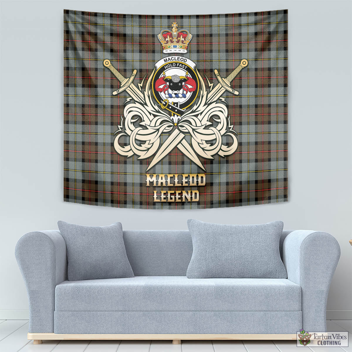 Tartan Vibes Clothing MacLeod of Harris Weathered Tartan Tapestry with Clan Crest and the Golden Sword of Courageous Legacy