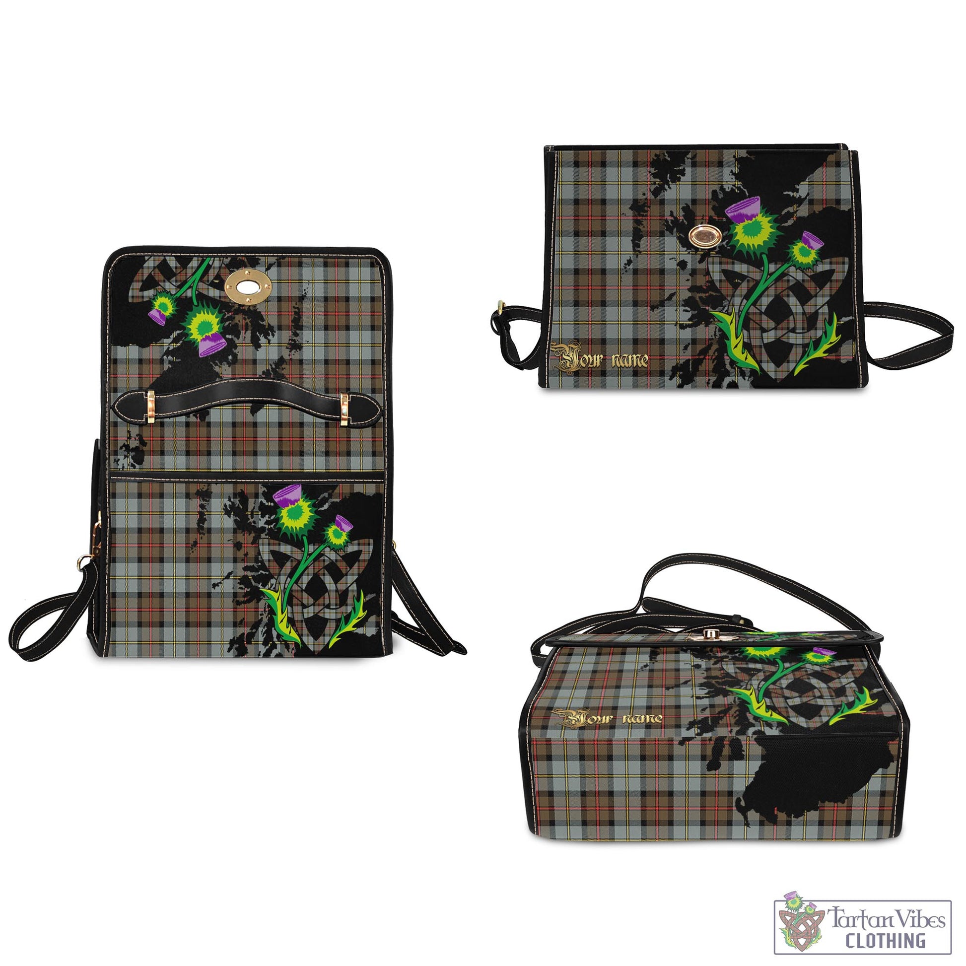 Tartan Vibes Clothing MacLeod of Harris Weathered Tartan Waterproof Canvas Bag with Scotland Map and Thistle Celtic Accents