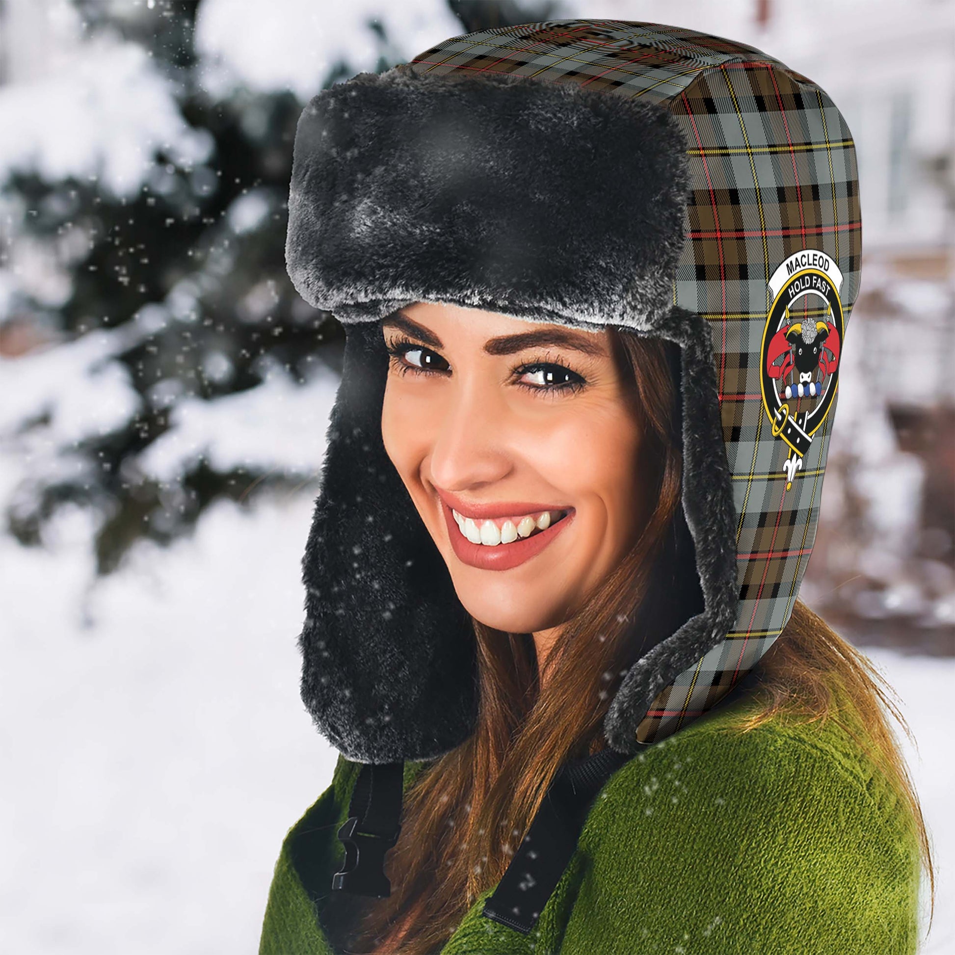 MacLeod of Harris Weathered Tartan Winter Trapper Hat with Family Crest - Tartanvibesclothing