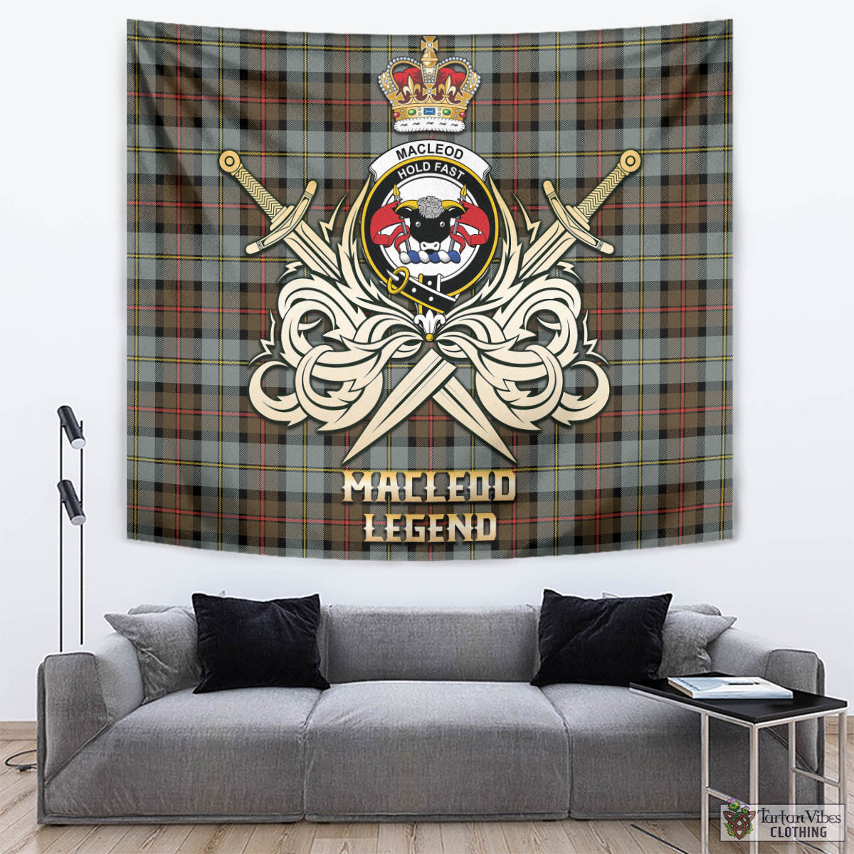 Tartan Vibes Clothing MacLeod of Harris Weathered Tartan Tapestry with Clan Crest and the Golden Sword of Courageous Legacy