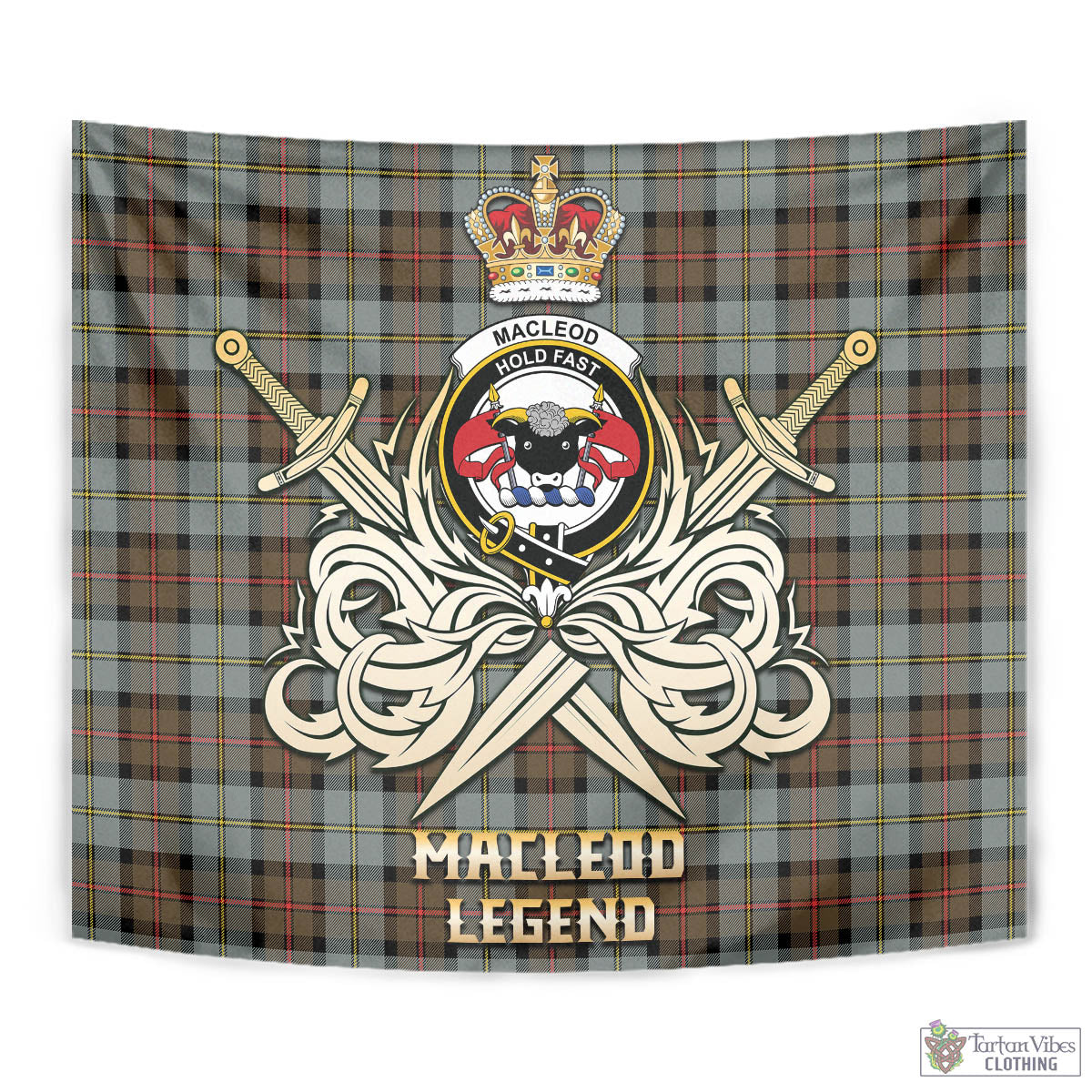 Tartan Vibes Clothing MacLeod of Harris Weathered Tartan Tapestry with Clan Crest and the Golden Sword of Courageous Legacy