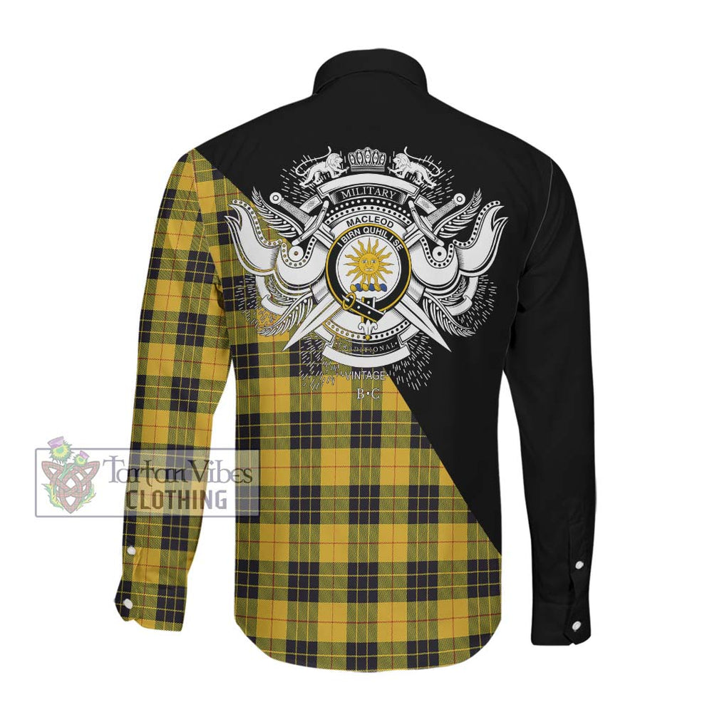 MacLeod of Lewis Ancient Tartan Long Sleeve Button Shirt with Family Crest and Military Logo Style Men's Shirt - Tartanvibesclothing Shop