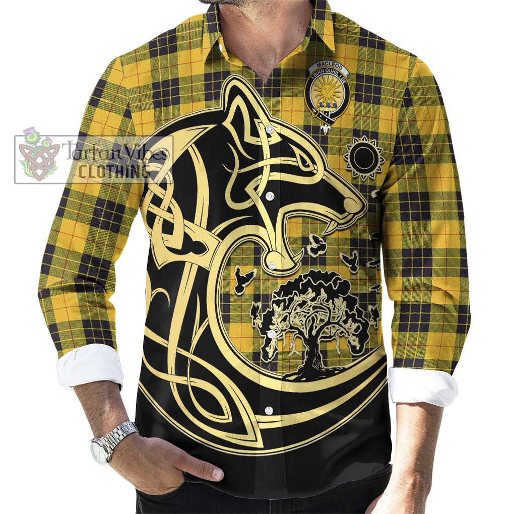 MacLeod of Lewis Ancient Tartan Long Sleeve Button Shirt with Family Crest Celtic Wolf Style - Tartan Vibes Clothing