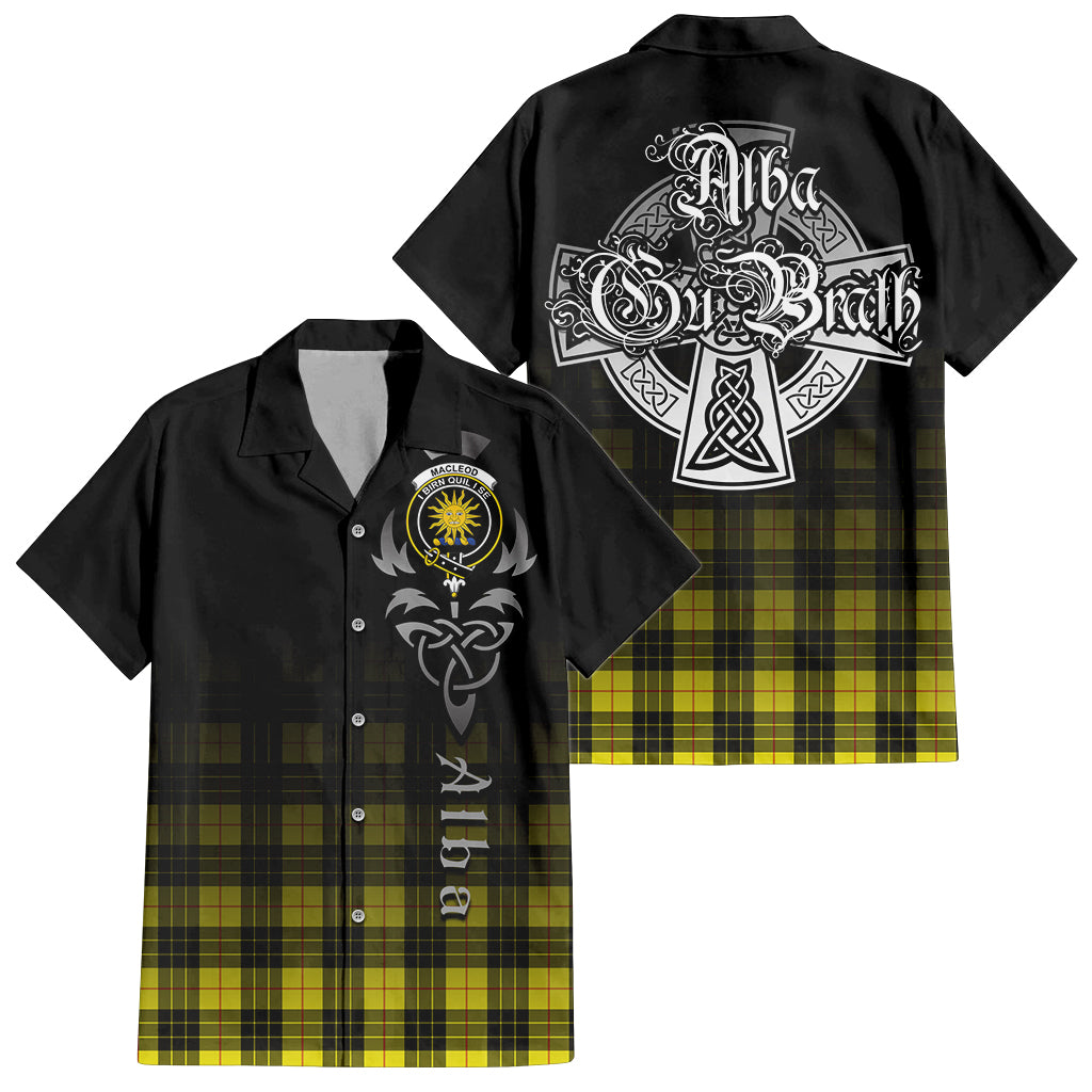 Tartan Vibes Clothing MacLeod of Lewis Modern Tartan Short Sleeve Button Up Featuring Alba Gu Brath Family Crest Celtic Inspired