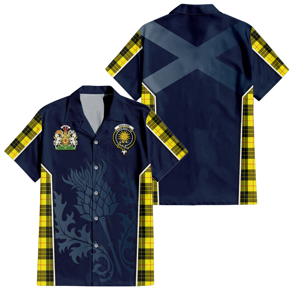 Tartan Vibes Clothing MacLeod of Lewis Modern Tartan Short Sleeve Button Up Shirt with Family Crest and Scottish Thistle Vibes Sport Style