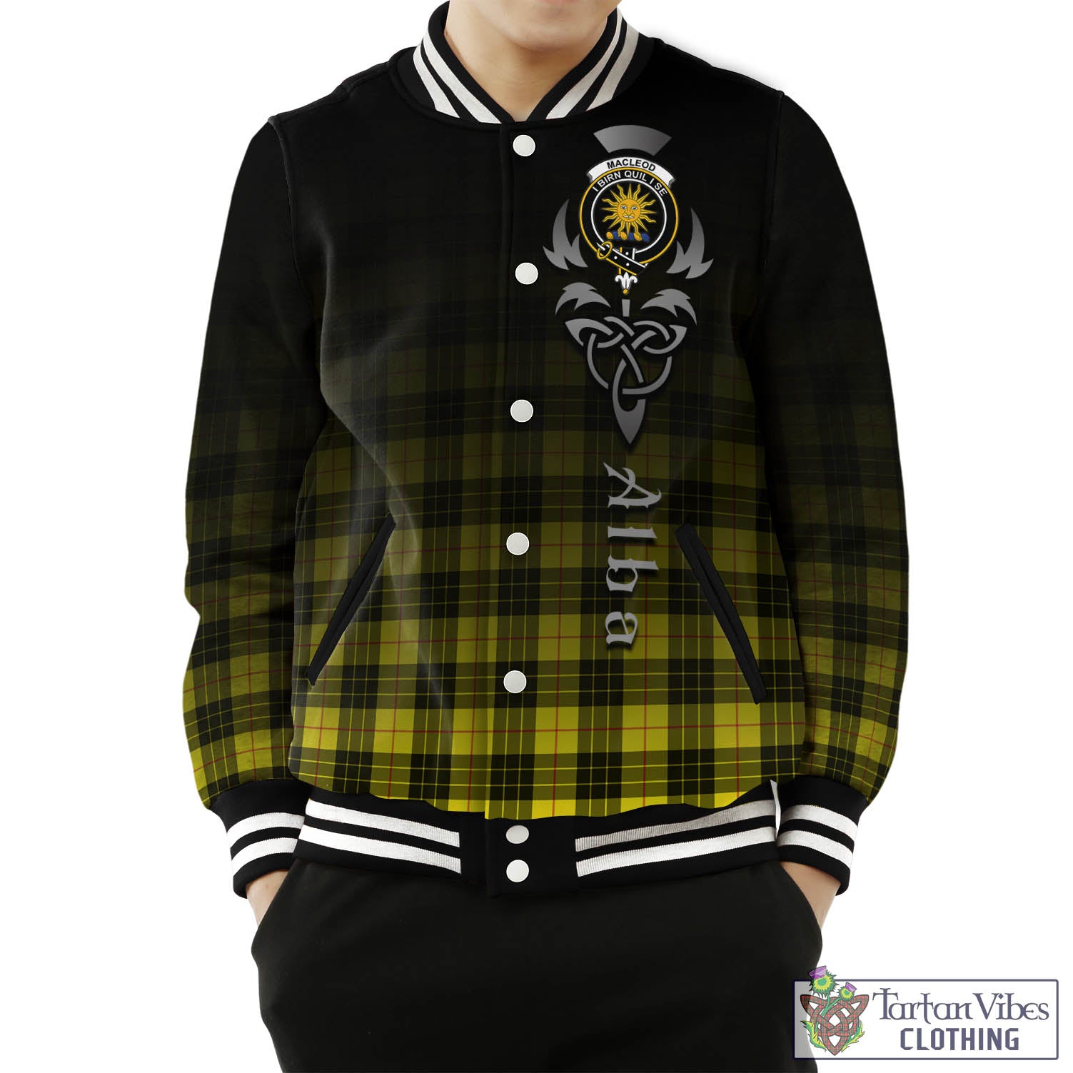 Tartan Vibes Clothing MacLeod of Lewis Modern Tartan Baseball Jacket Featuring Alba Gu Brath Family Crest Celtic Inspired