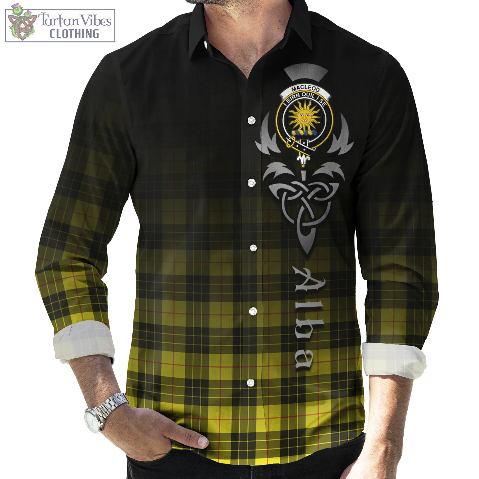 Tartan Vibes Clothing MacLeod of Lewis Modern Tartan Long Sleeve Button Up Featuring Alba Gu Brath Family Crest Celtic Inspired