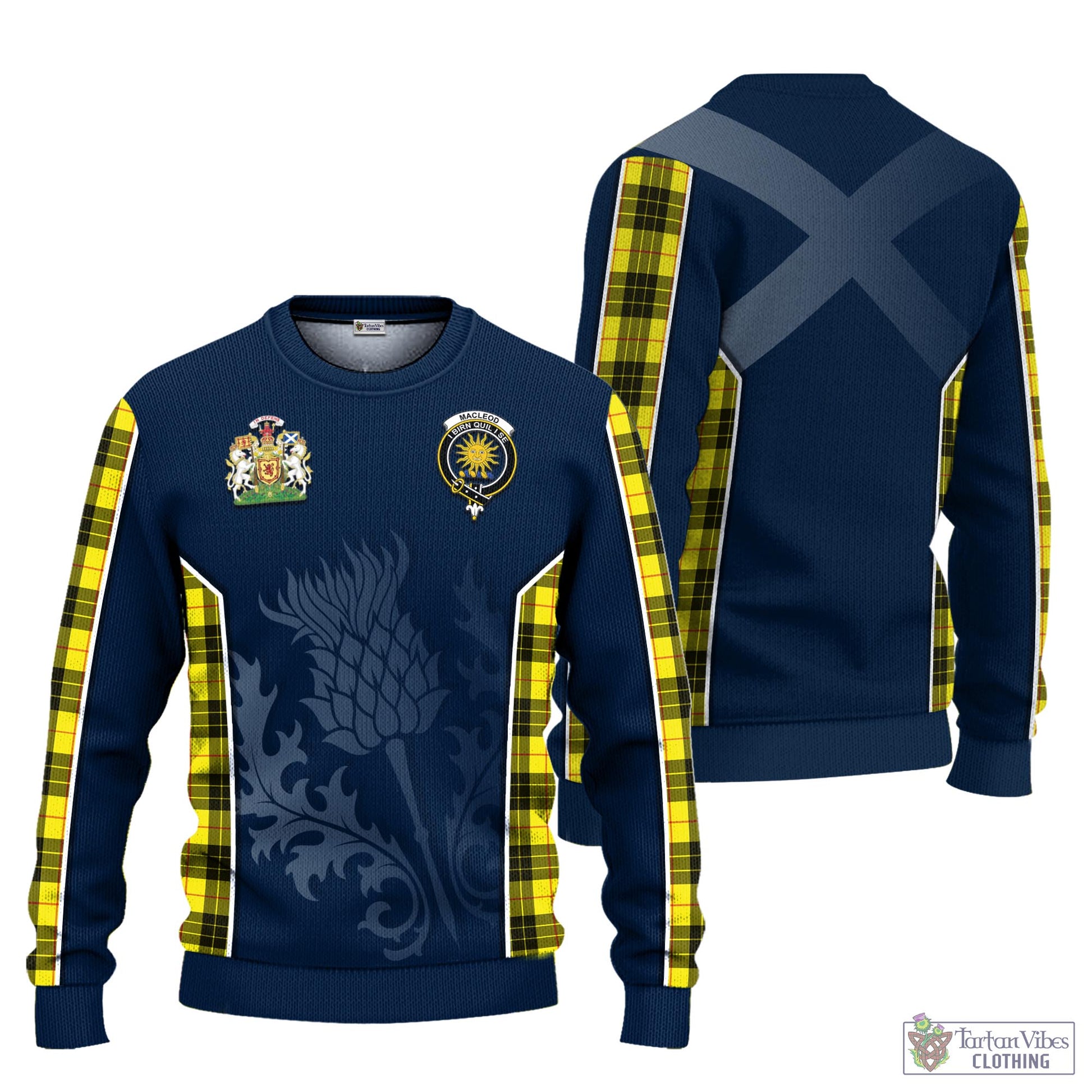 Tartan Vibes Clothing MacLeod of Lewis Modern Tartan Knitted Sweatshirt with Family Crest and Scottish Thistle Vibes Sport Style