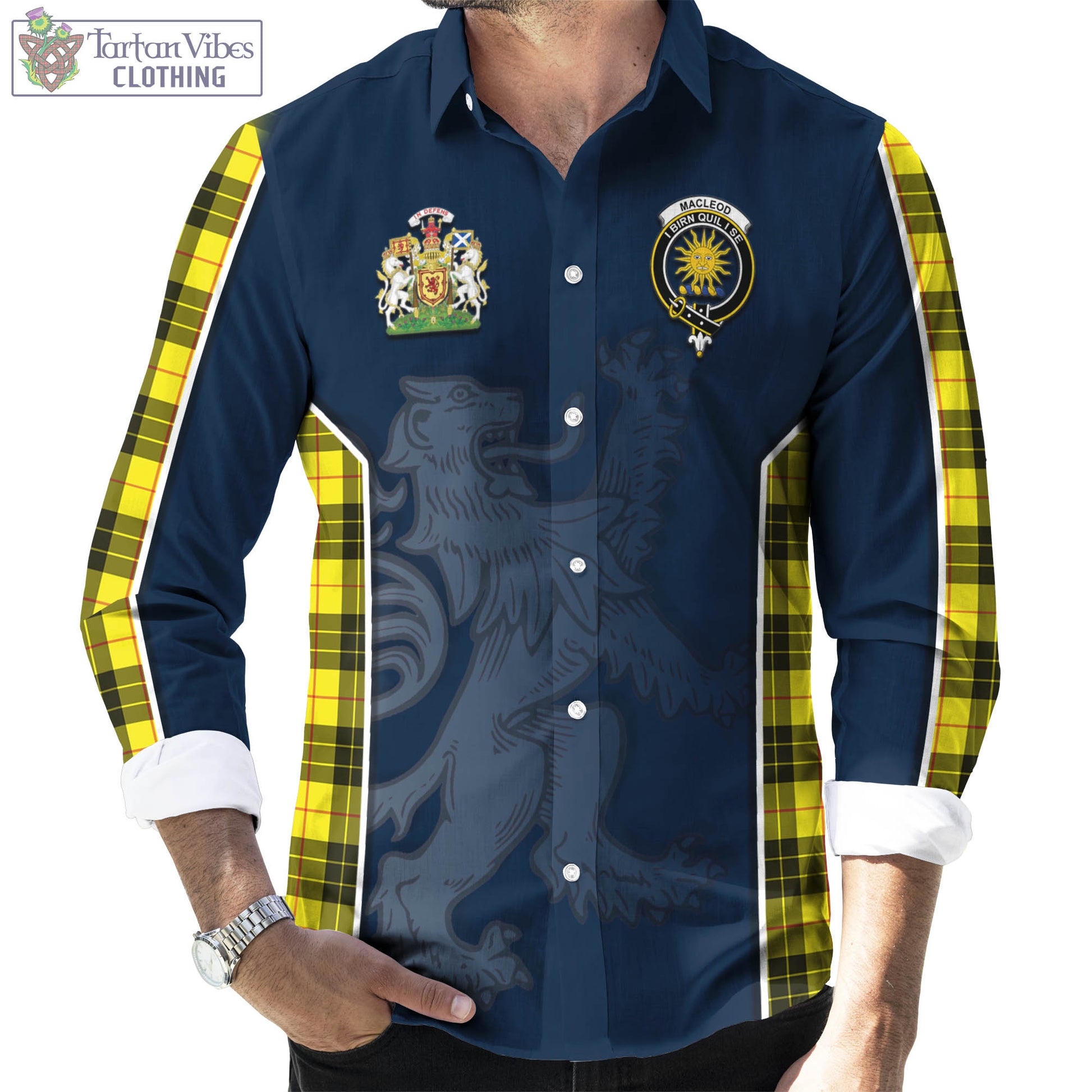 Tartan Vibes Clothing MacLeod of Lewis Modern Tartan Long Sleeve Button Up Shirt with Family Crest and Lion Rampant Vibes Sport Style