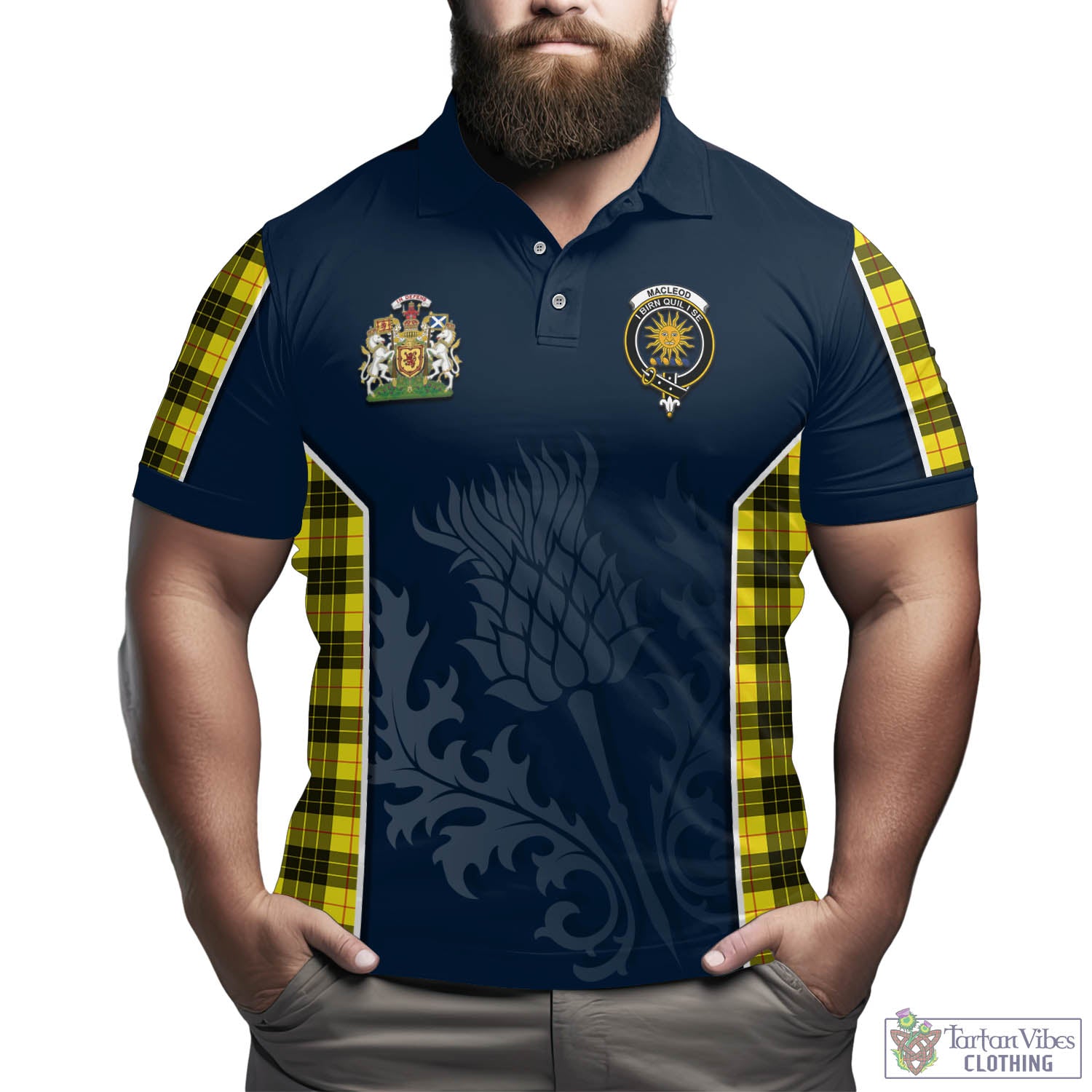 Tartan Vibes Clothing MacLeod of Lewis Modern Tartan Men's Polo Shirt with Family Crest and Scottish Thistle Vibes Sport Style