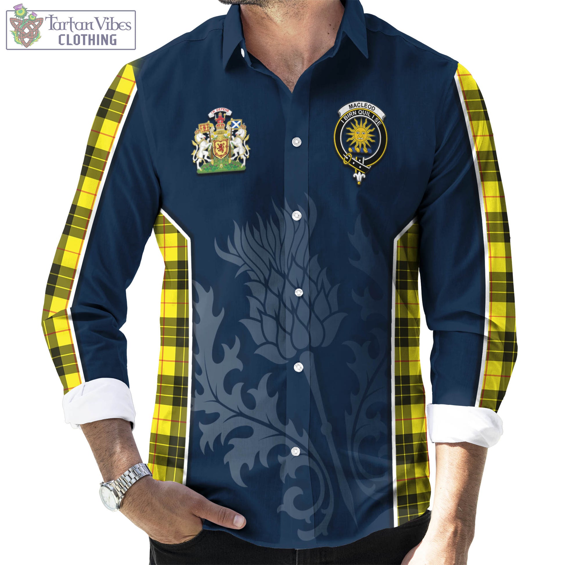 Tartan Vibes Clothing MacLeod of Lewis Modern Tartan Long Sleeve Button Up Shirt with Family Crest and Scottish Thistle Vibes Sport Style