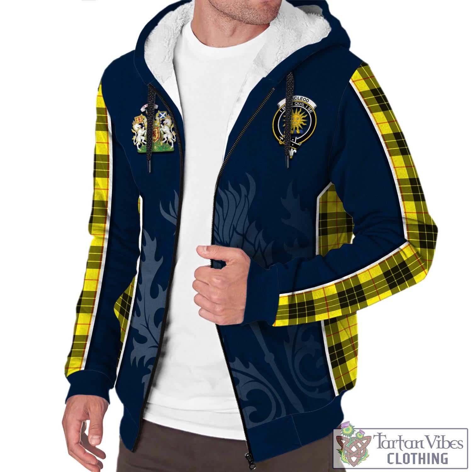 Tartan Vibes Clothing MacLeod of Lewis Modern Tartan Sherpa Hoodie with Family Crest and Scottish Thistle Vibes Sport Style