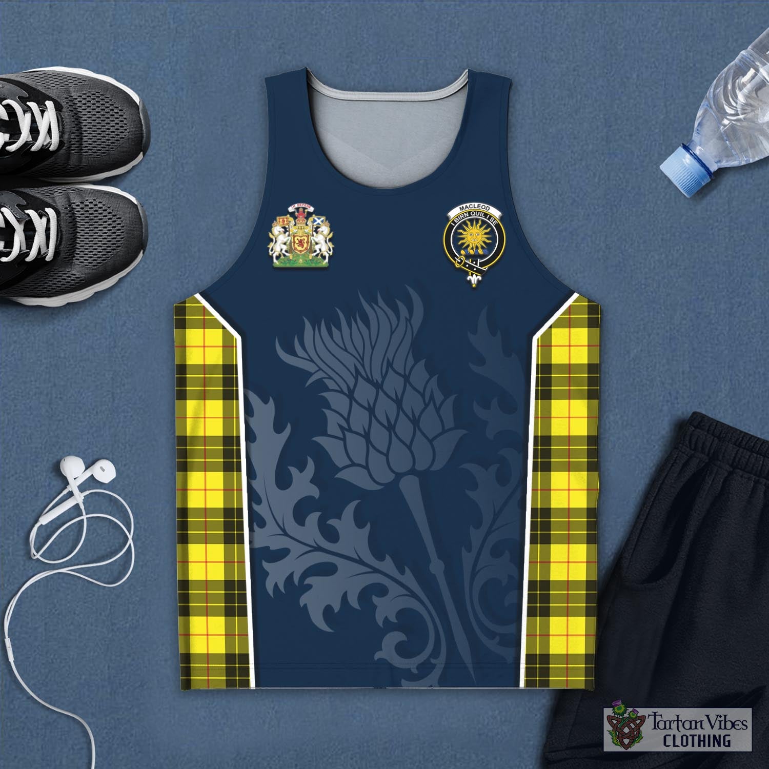 Tartan Vibes Clothing MacLeod of Lewis Modern Tartan Men's Tanks Top with Family Crest and Scottish Thistle Vibes Sport Style