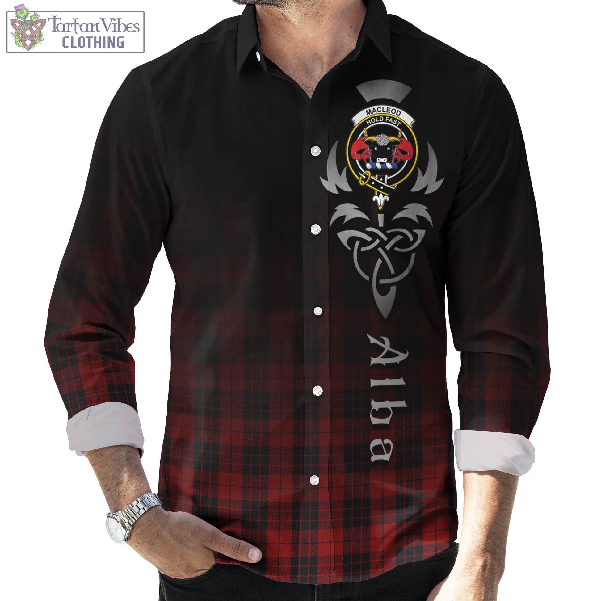 Tartan Vibes Clothing MacLeod of Raasay Highland Tartan Long Sleeve Button Up Featuring Alba Gu Brath Family Crest Celtic Inspired