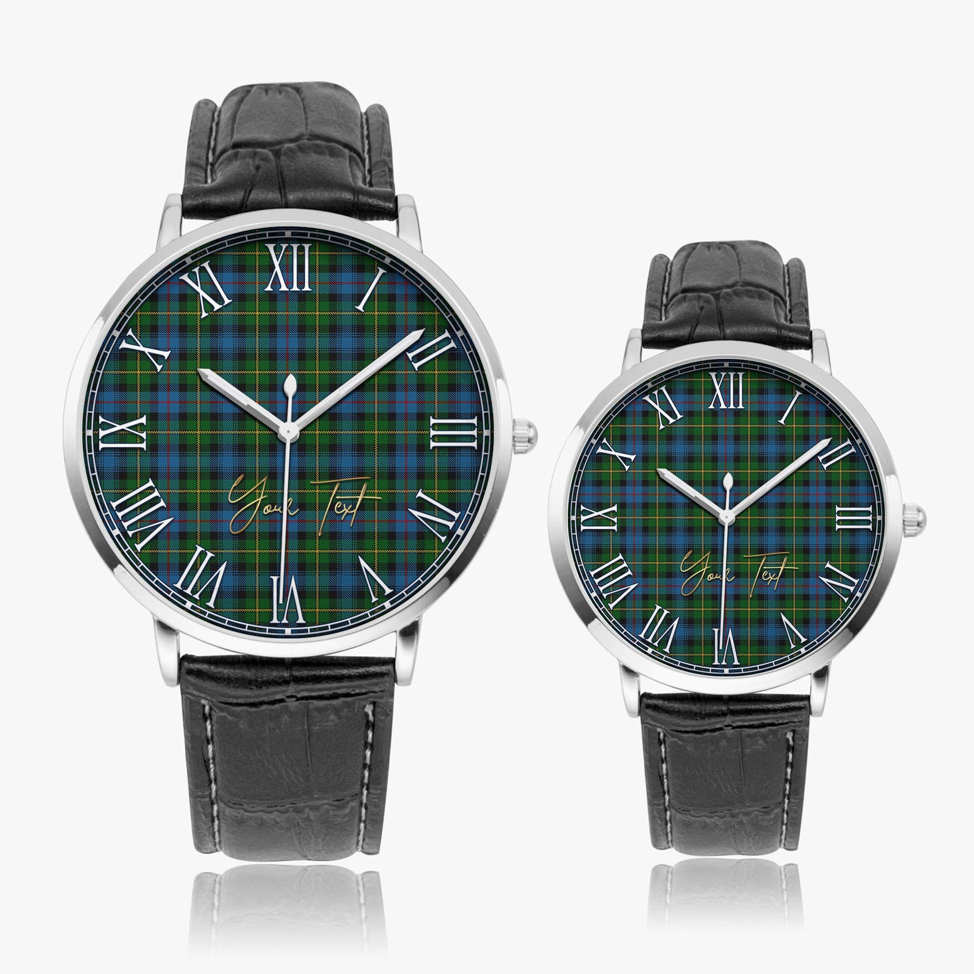 MacLeod of Skye Tartan Personalized Your Text Leather Trap Quartz Watch Ultra Thin Silver Case With Black Leather Strap - Tartanvibesclothing