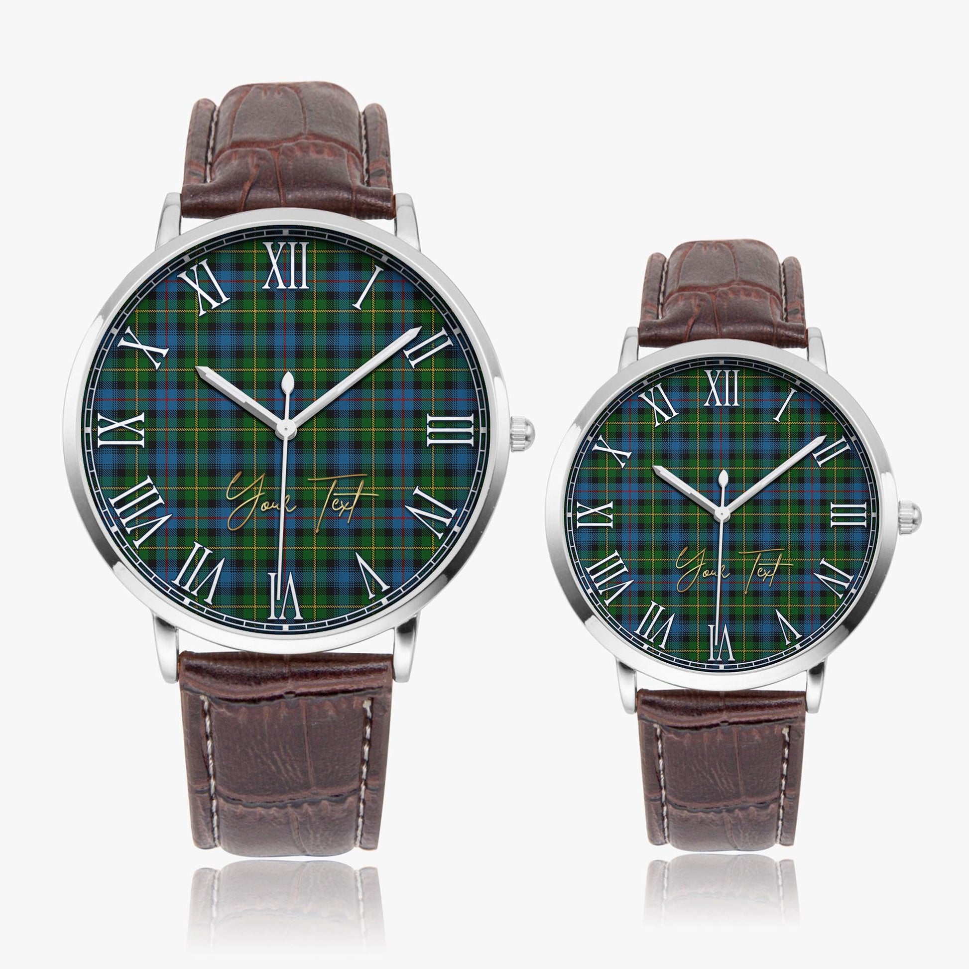 MacLeod of Skye Tartan Personalized Your Text Leather Trap Quartz Watch Ultra Thin Silver Case With Brown Leather Strap - Tartanvibesclothing