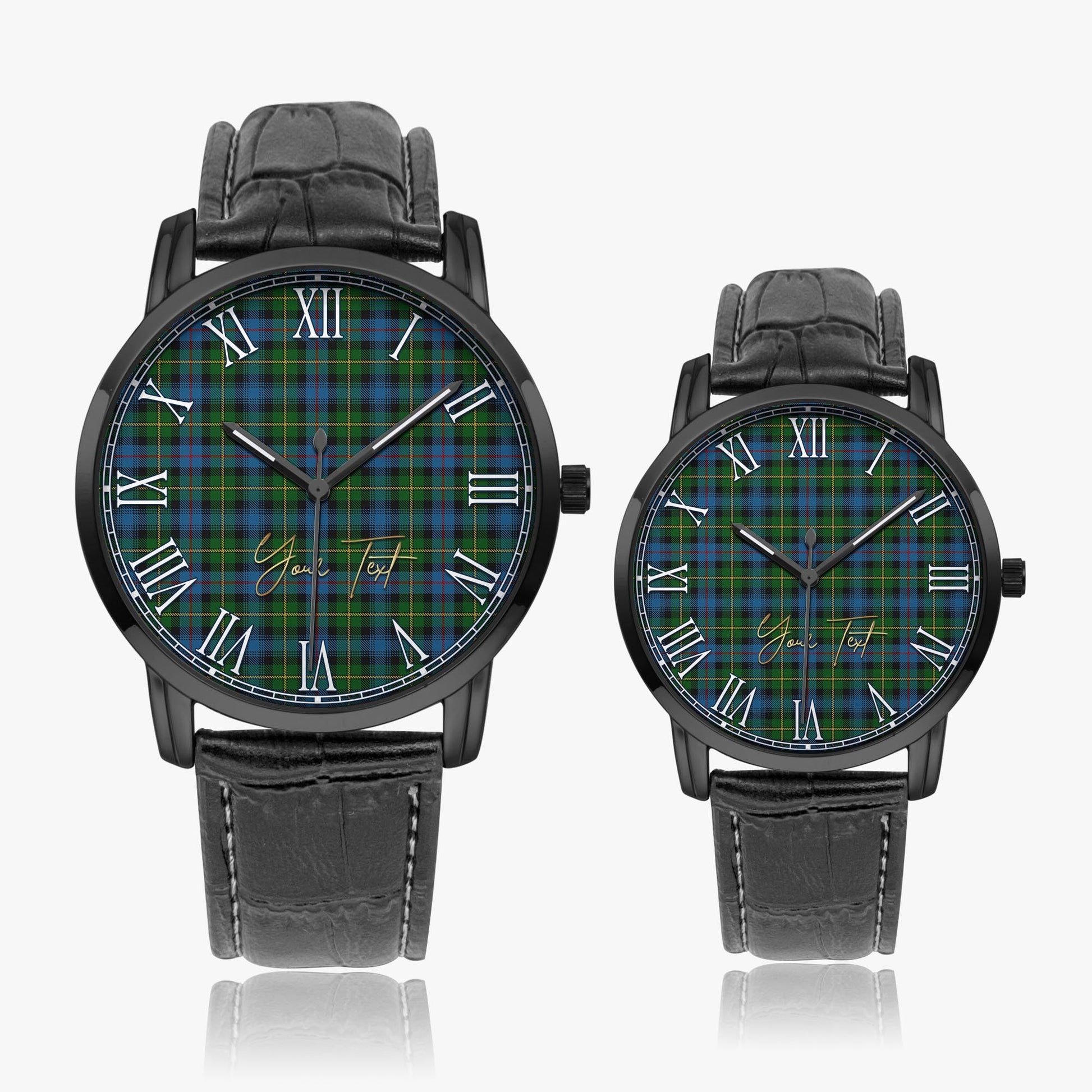 MacLeod of Skye Tartan Personalized Your Text Leather Trap Quartz Watch Wide Type Black Case With Black Leather Strap - Tartanvibesclothing