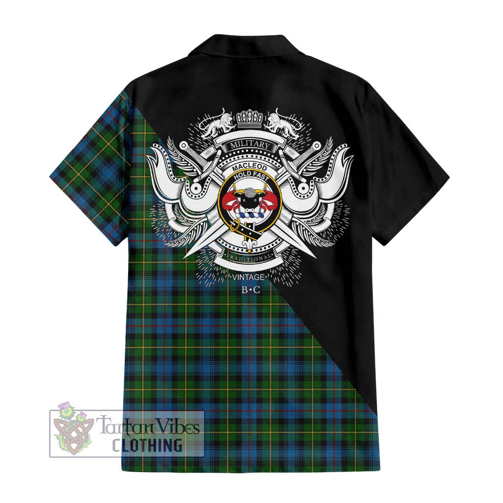 MacLeod of Skye Tartan Short Sleeve Button Shirt with Family Crest and Military Logo Style - Tartanvibesclothing Shop